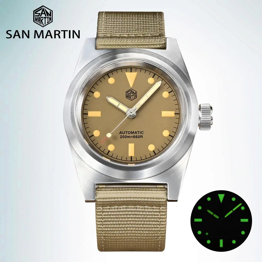 

San Martin 38mm YN55 Men's Pilot Watch Automatic Mechanical Watches Military Vintage Enthusiasts Wristwatch Nylon Strap C3 20Bar