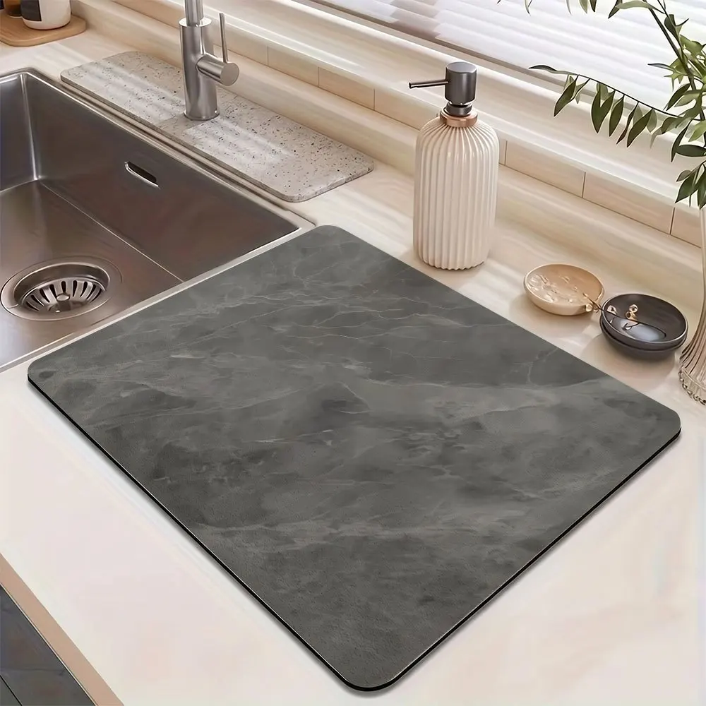 Grey Marble Dish Drying Mat Ultra Absorbent Microfiber Coffee Bar Countertop Mat Heat Resistant Kitchen Countertop Pad Mat