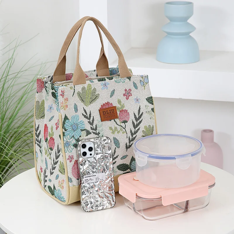 Thick jacquard fabric handbag, aluminum foil insulation layer bento bag, portable lunch box storage bag for work