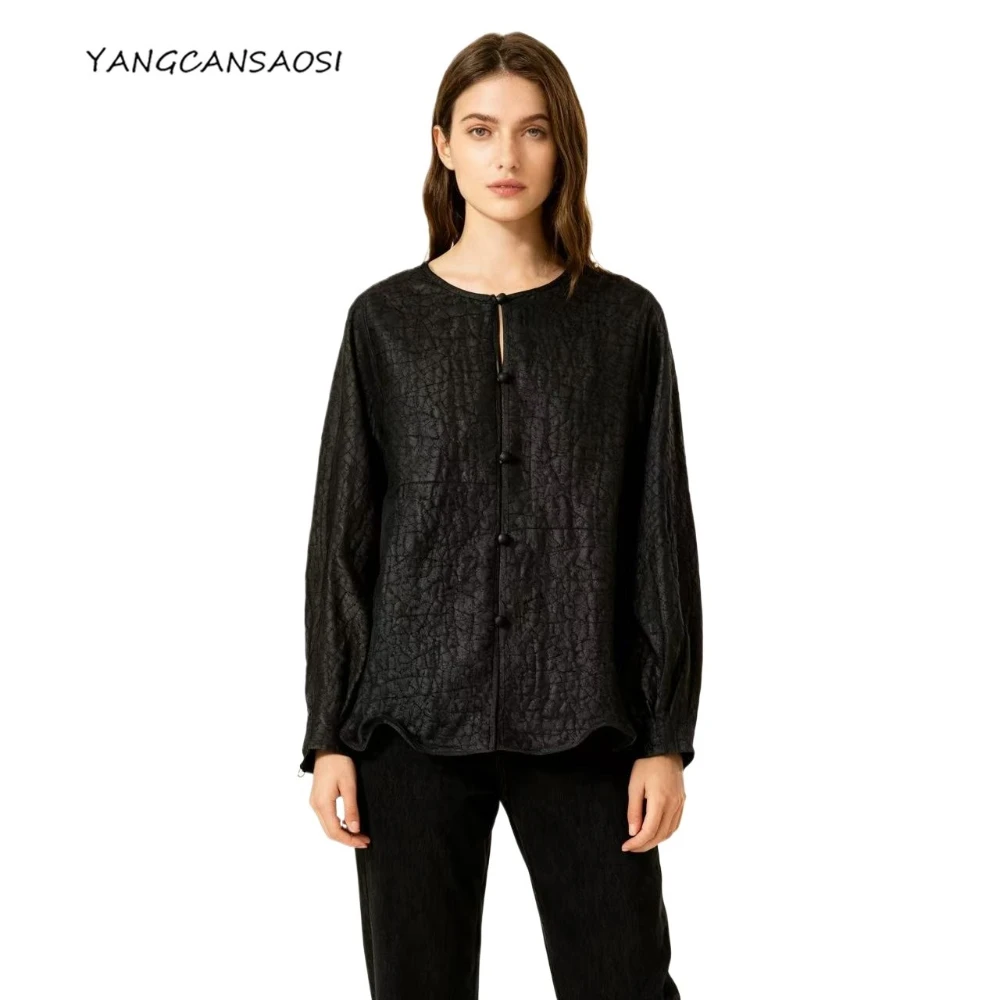 

Classic 100% Natural Mulberry Silk Gambiered Guangdong Gauze Black Turtle Crack Single Breasted Loose Long Sleeves Jacket