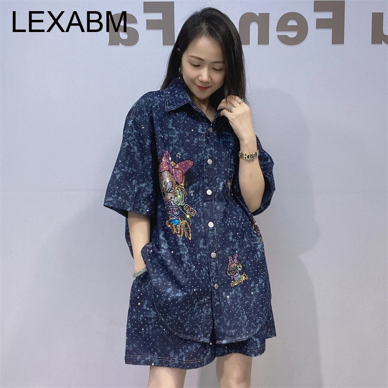 Conjuntos de pantalones cortos de mezclilla para mujer, conjuntos de dos piezas, blusa informal con cuello vuelto de dibujos animados, conjuntos a juego de gran tamaño, moda coreana