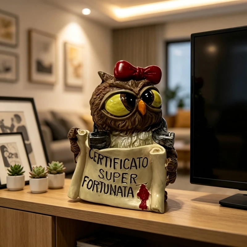 Super Fortunata Certificate Owl Sculpture, Resin Owl Desk Decor, Cute Brown Owl Statue for Office & Home