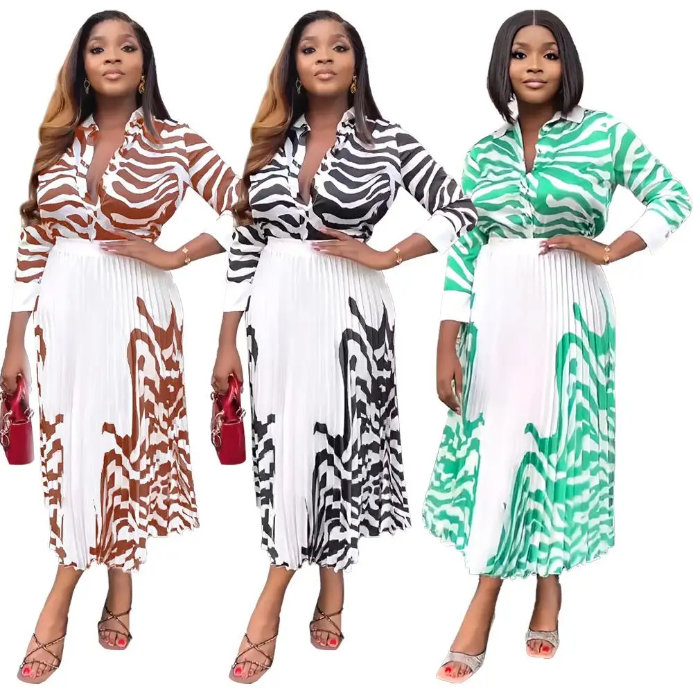 Zebra Print Long Sve irt Casual Pleated  Dr Spring Summer Two Piece Set Women's Ele Sle Polyester Fiber