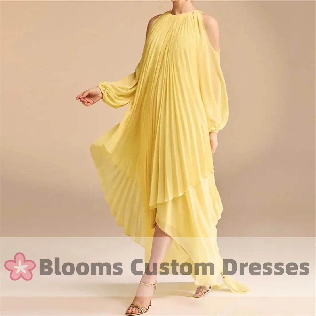 Customized Chiffon Pleated Loose Prom Dress Long Sleeves Off Shoulder Prom Dress Party Gown Elegant Asymmetrical Formal Dress