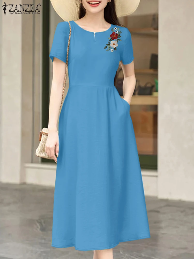 ZANZEA 2025, Sommerkleid für Damen, elegant, kurzärmelig, A-Linie, Sommerkleid, lässig, Urlaub, Party, Vestidos, stilvolle Arbeit, OL, Midi-Kleider