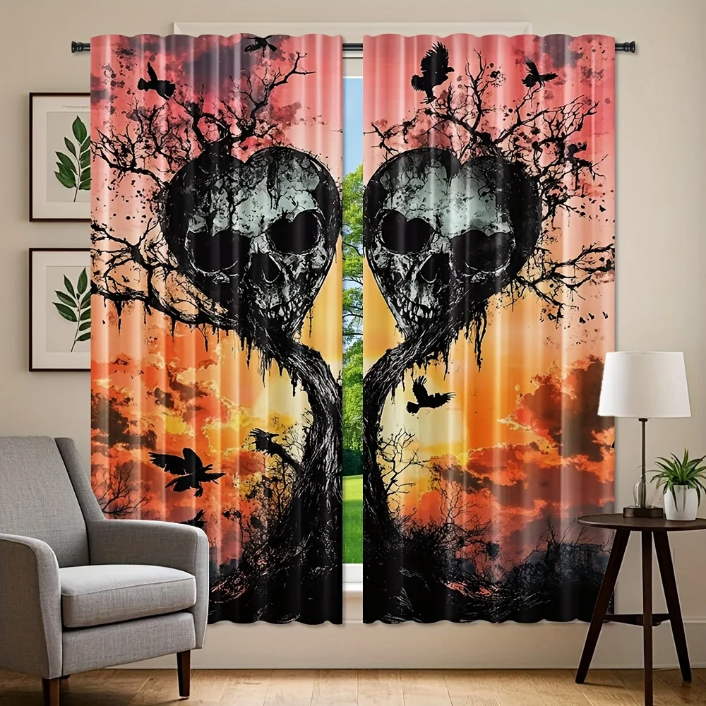 Gothic Skull Tree Curtains, Horror Sunset Pattern Drapes, Halloween Scary Window Treatment Home Decor