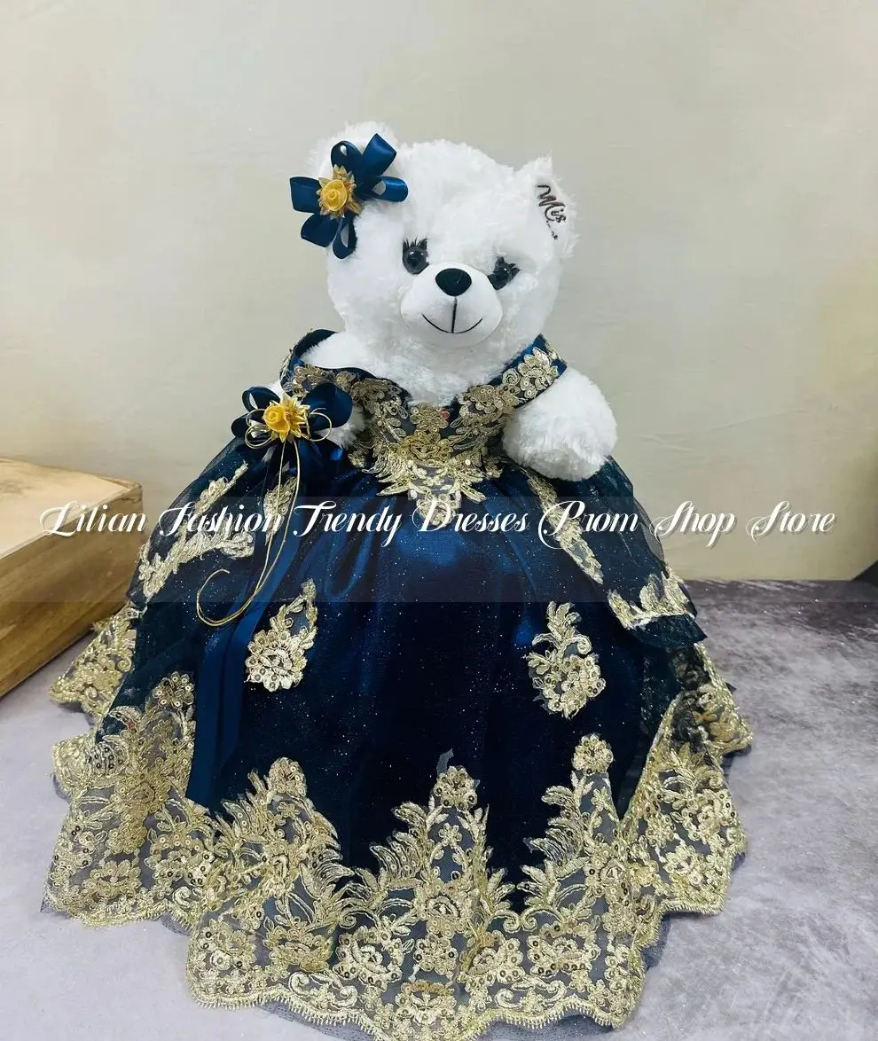 Gemstone Blue Fantasy Quinceanera Teddy Bear Dress 2025 Mexican Strapless Gold Appliqued Ruffle Customised
