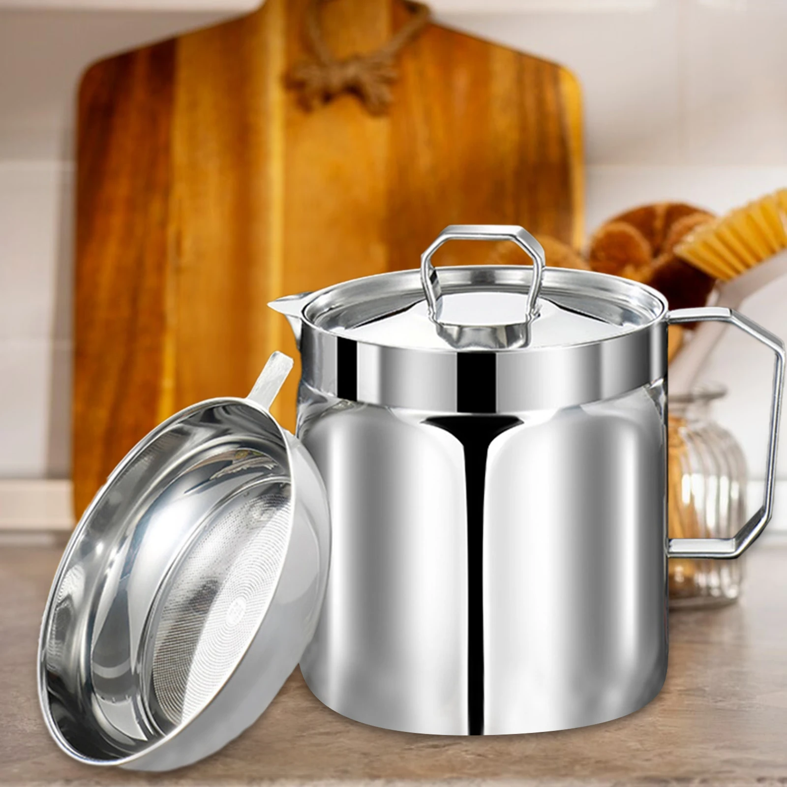 

4L 304 Stainless Steel Oil Container Separator Multifunctional Grease Container with Fine Mesh Strainer for Home Kitchen