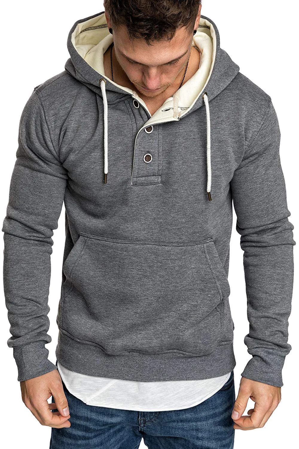 

Spring Autumn Men's Fashion Collar Button Hooded Pullover Fleece Warm Long Sleeve Hoodies Sweatshirt