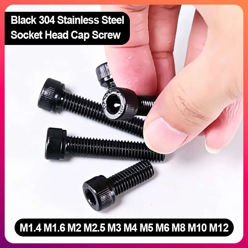 Black 304 Stainless Steel Hex Socket Cap Screw Extra Long Allen Bolt M1.4 M1.6 M2 M2.5 M3 M4 M5 M6 M8 M10 M12 Length 3mm-60mm