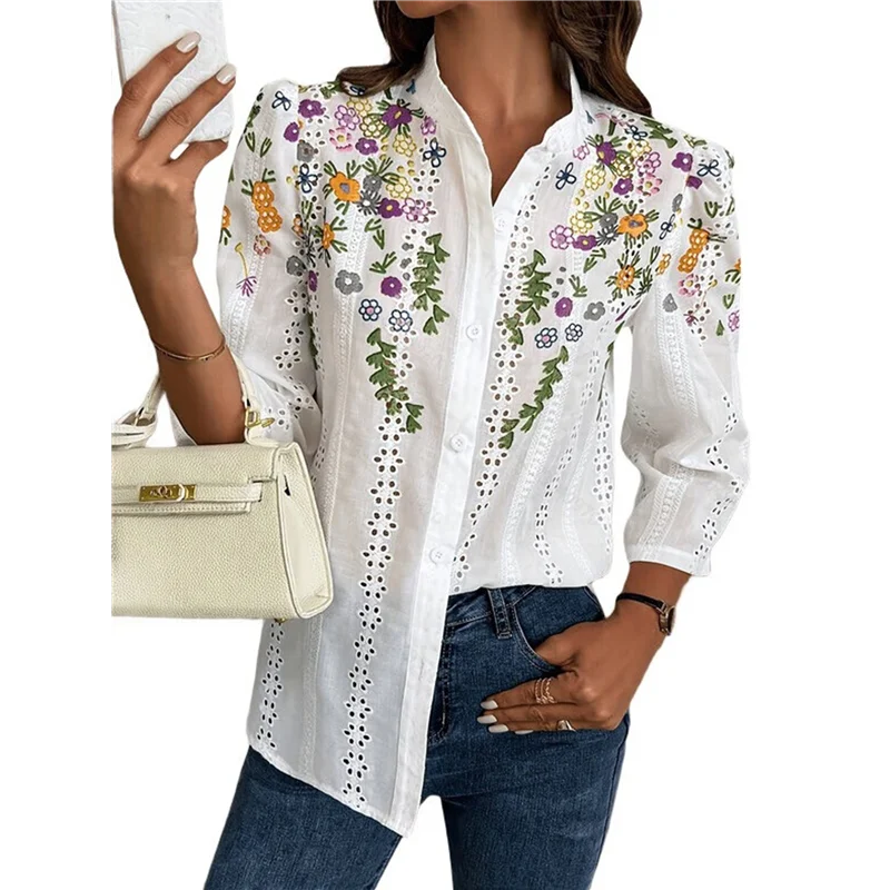 

ABRT-Женские блузки с цветочной вышивкой и воротником с пышными рукавами 3/4, повседневные рубашки на пуговицах