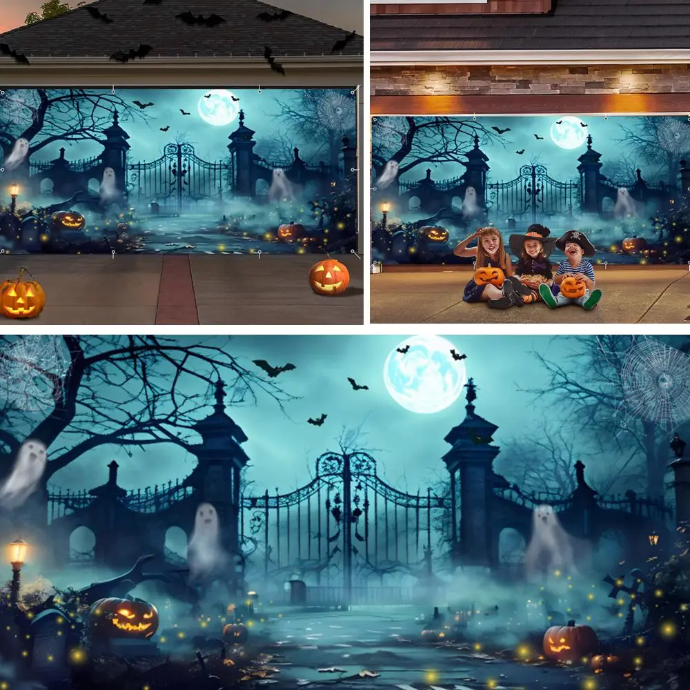 

Halloween Garage Door Decoration Banner Scary Pumpkin Castle Gate Moon Ghost Backdrop Large Halloween Garage Wall Decor Outdoor