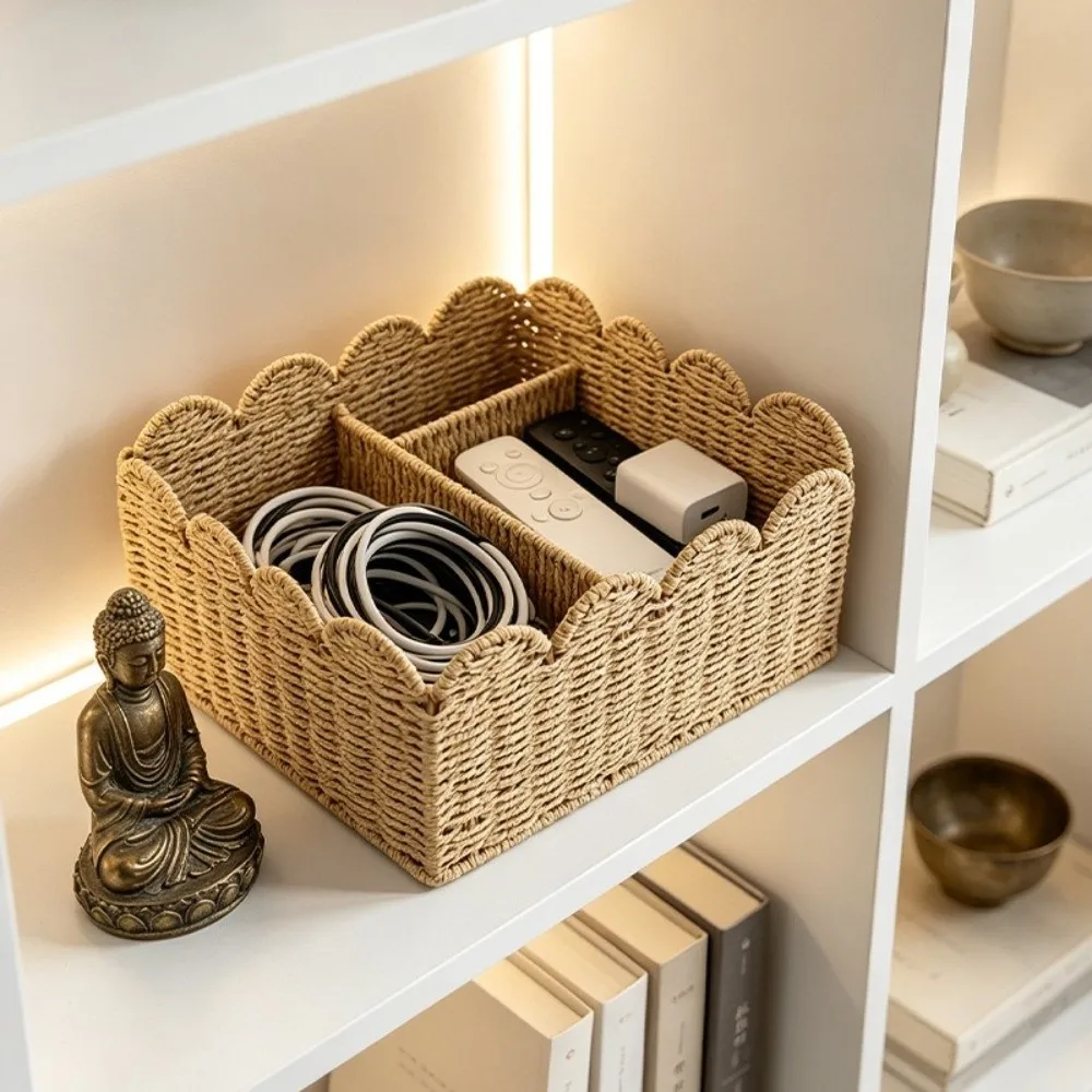 Rattan Effect Scalloped Edge Storage Basket Handles Woven Imitation Rattan Basket Plastic Woven Storage Basket for Shelves Home