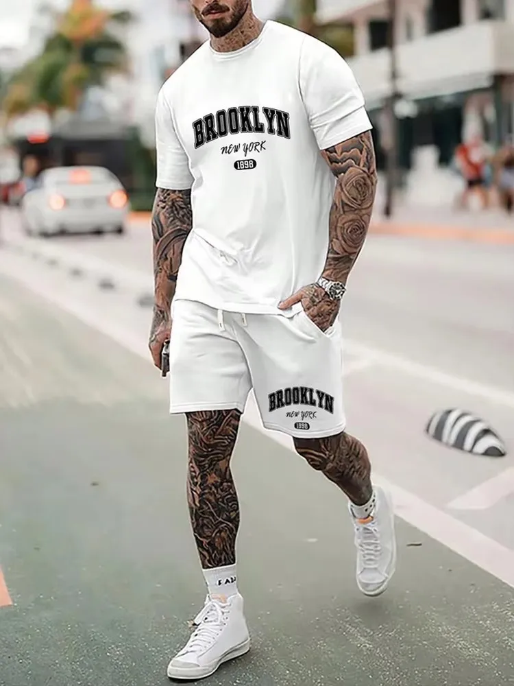 New 2024 York Prints Men's Two-piece Casual Wear Fashionable Summer Sports Casual Wear Trendy Short-sleeved T-shirt Shorts Suit