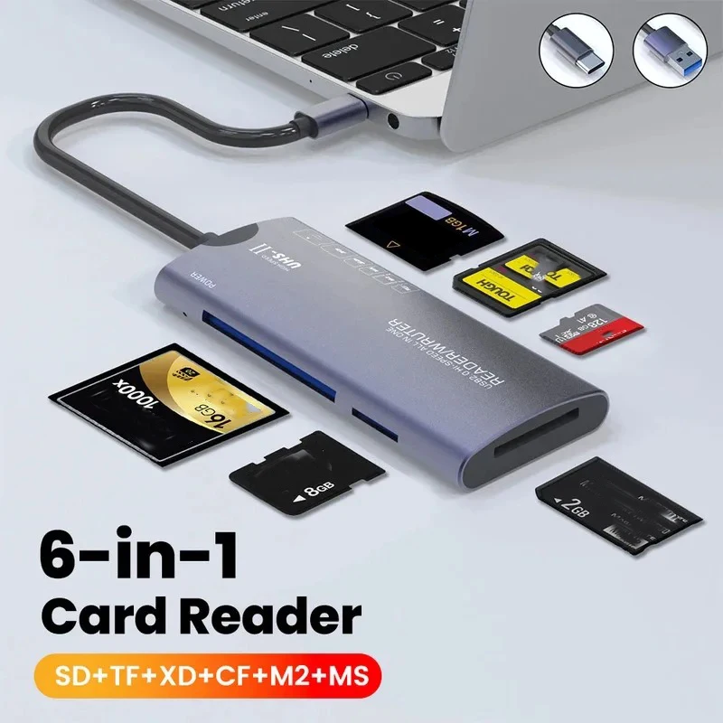 KEBIDU 6 IN 1 USB2.0 Multifunctional Reader SD/TF/XD/CF/M2 Memory Card Adapter Suitable For Computer High-speed Data Transfer