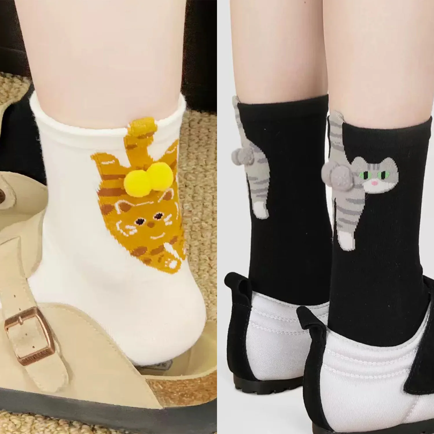 الكرتون لطيف القط كرات الجوارب القطنية Kawaii تنفس الحياكة الجوارب للنساء الفتيات الأوسط أنبوب النوم جورب القط طباعة الطابق جورب #4