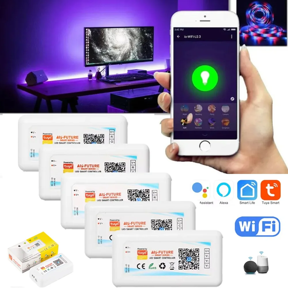 

Светодиодный контроллер Tuya Wi-Fi DC5V-24V с диммером Поддержка приложения Smart Life Alexa Google для одноцветного CCT RGB RGBW RGBCCT Strip Light