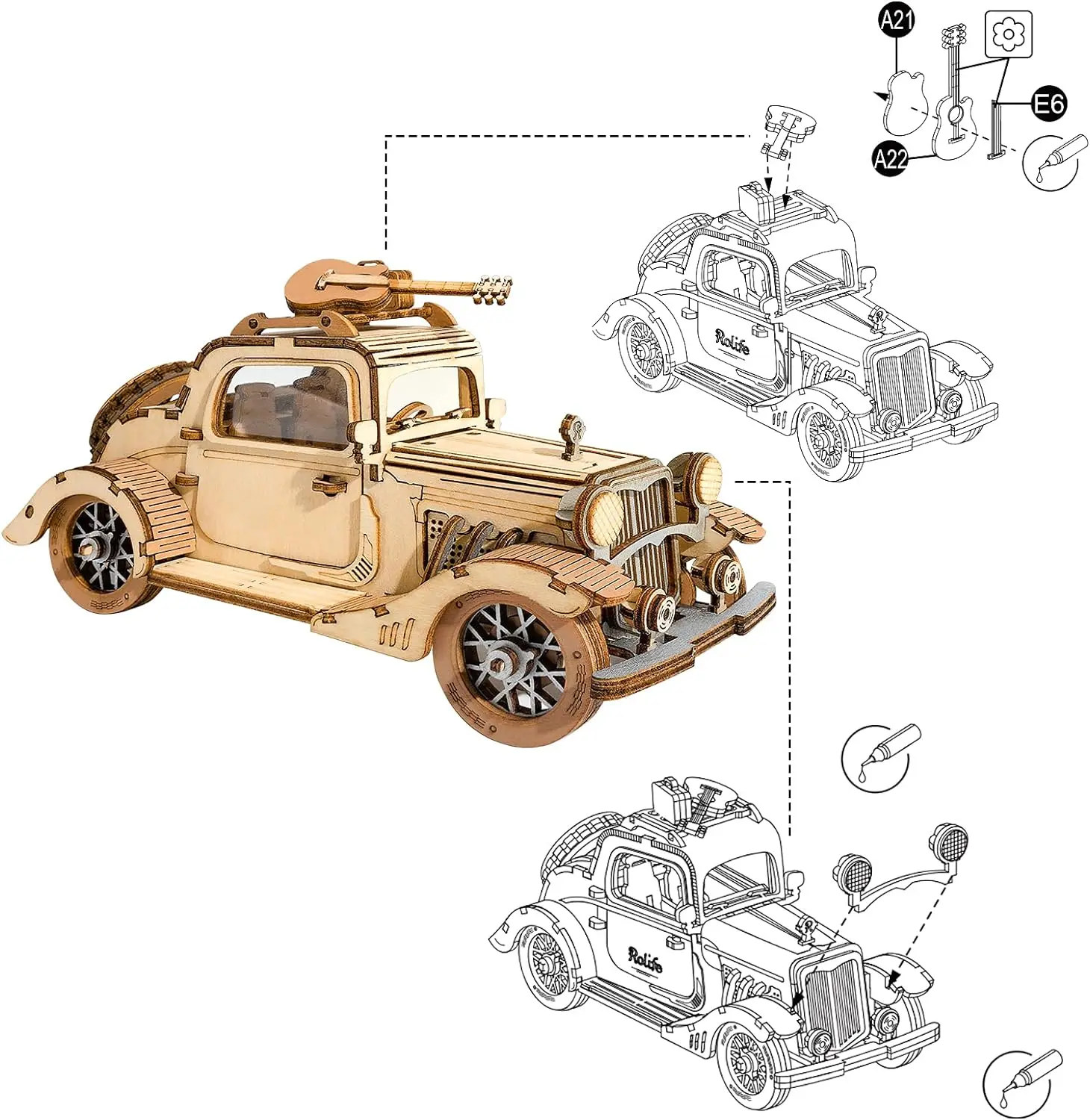 Robotime 3D Wooden Puzzles Car DIY Model Kits to Build Wooden Model Vintage Car Craft Gift for Collection Lover