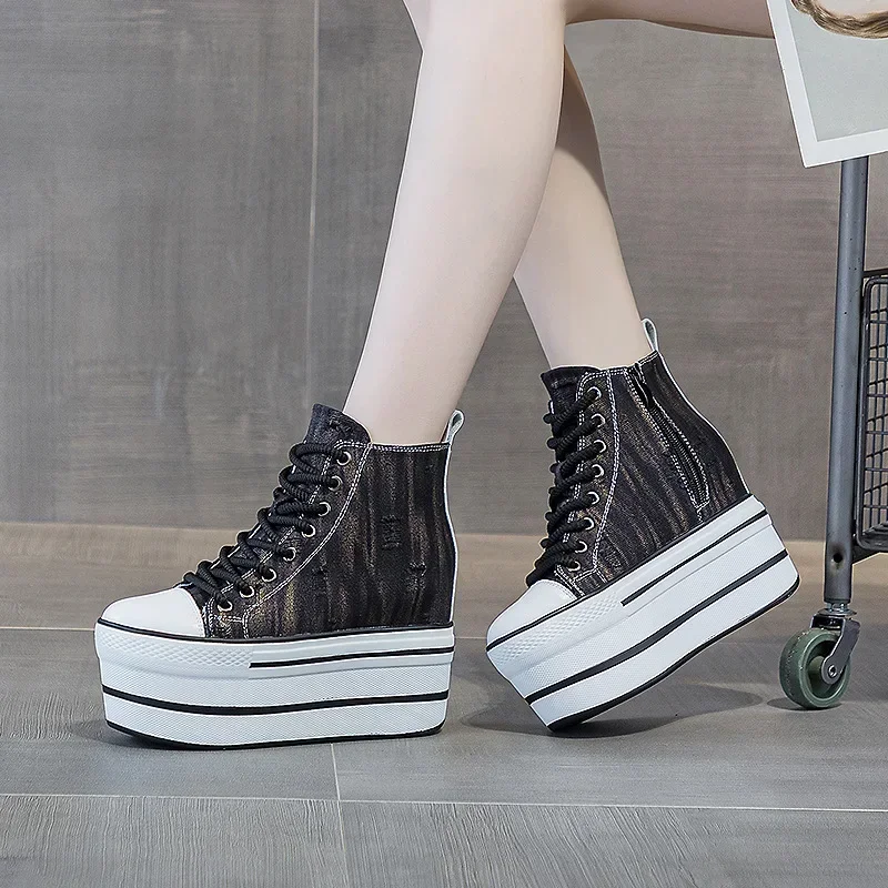 Women's Autumn Winter Casual High-top Sneakers in Distressed Denim Fabric with Thick Wedge Platform Soles and Super High Heels