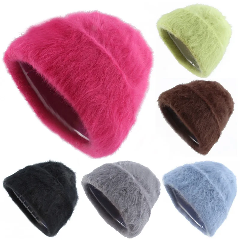 New Fashion Long Rabbit Fur Winter Hats For Women Soft Fluffy Angola Warm Beanie Bonnet Female Windproof Skullies Cap