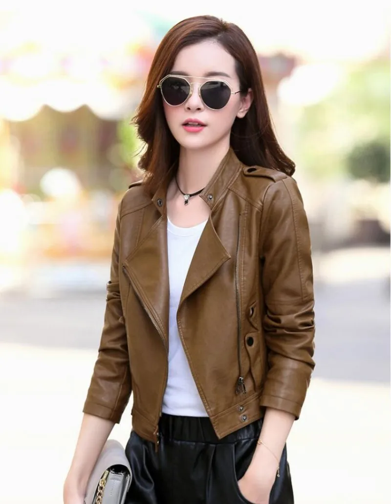 New Women Leather Jacket Spring Autumn 2023 Fashion Moto&Biker Style Outerwear Stand Collar Short Leather Coat