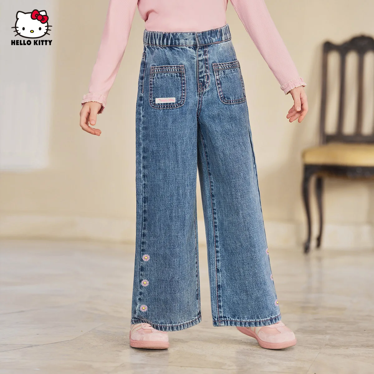 

MINISO Осенние джинсы для девочек, новинка 2024, осенний наряд Hello Kitty, свободный, удобный, милый праздничный подарок