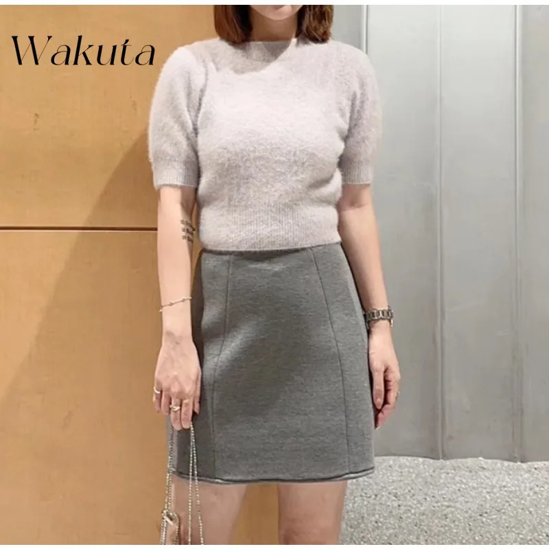 WAKUTA Japanese Autumn High-waisted Three-dimensional Package Hip Dresses Pants Fashion Versatile Solid Thin Short Skirts 니트 스커트