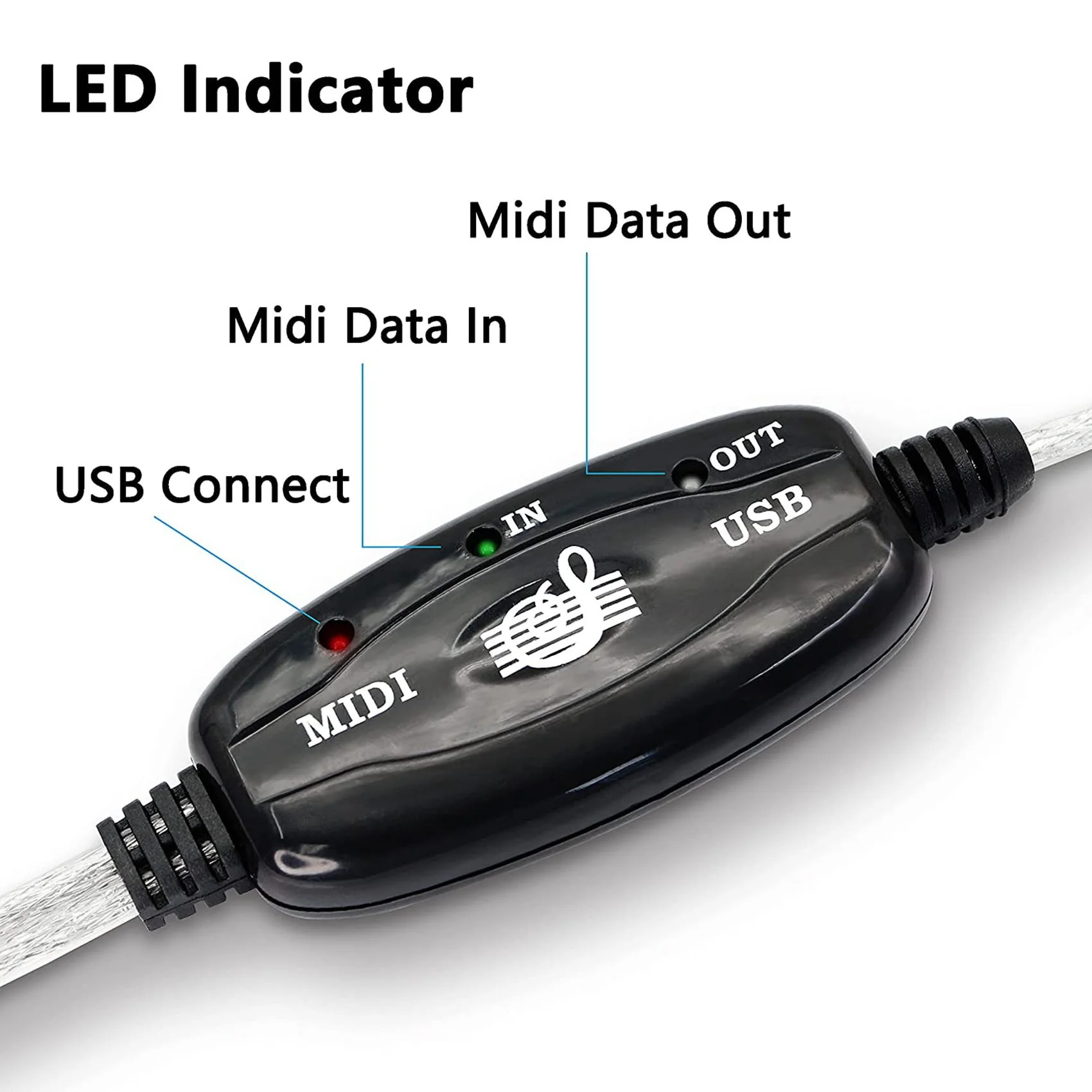 (DT37) USB MIDI Cable Adapter, USB Type A Male to MIDI Din 5 Pin In-Out Cable Interface with LED Indicator for Music Keyboard