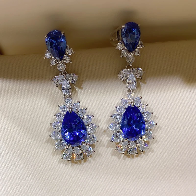 Huitan Pear Blue Cubic Zirconia Hanging Earrings Silver Color Luxury Earrings for Women Wedding Party Aesthetic Ear Jewelry New