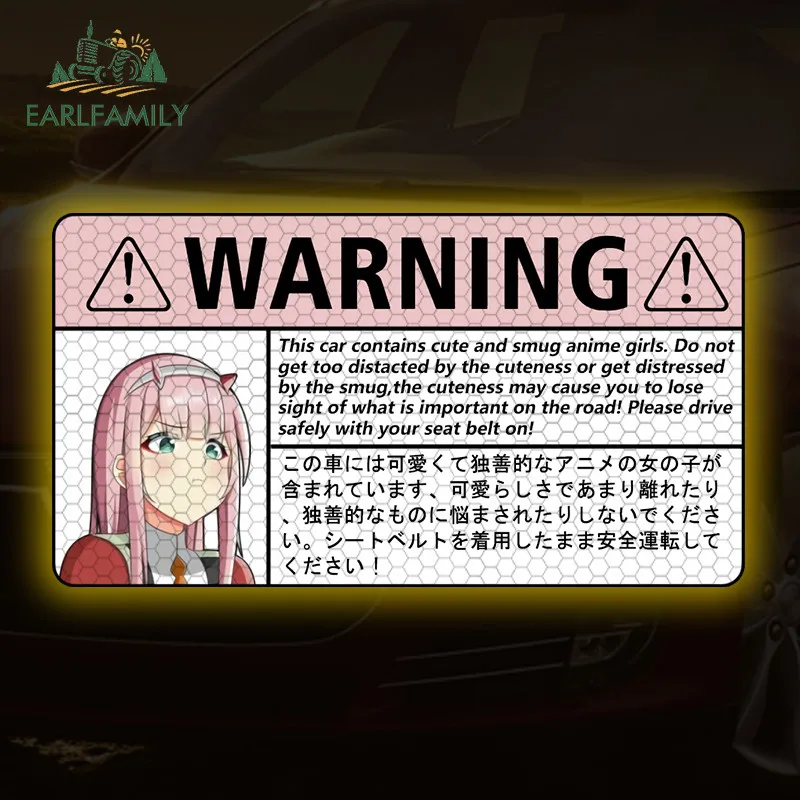 

EARLFAMILY Zero Two Warning Reflective Car Stickers Occlusion Scratch Waterproof JDM Decal Windows Bumper Helmet Trunk Fashion