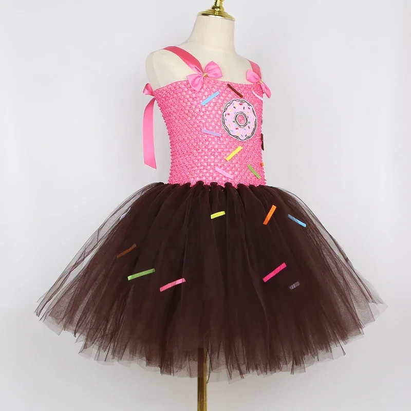 EE01 Costume da ciambella per bambina Vestito a tema caramelle per regali per feste di compleanno per bambini Vestito da tutu per biscotti con ciambella al cioccolato dolce GirlIo0!