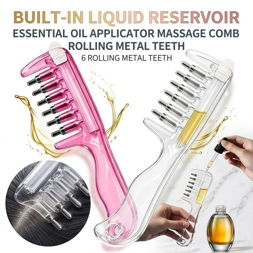 Transparent Essential Oil Applicator Massage Comb 6-Tooth Rolling Metal Teeth Liquid Guiding Scalp Massager Comb Precise