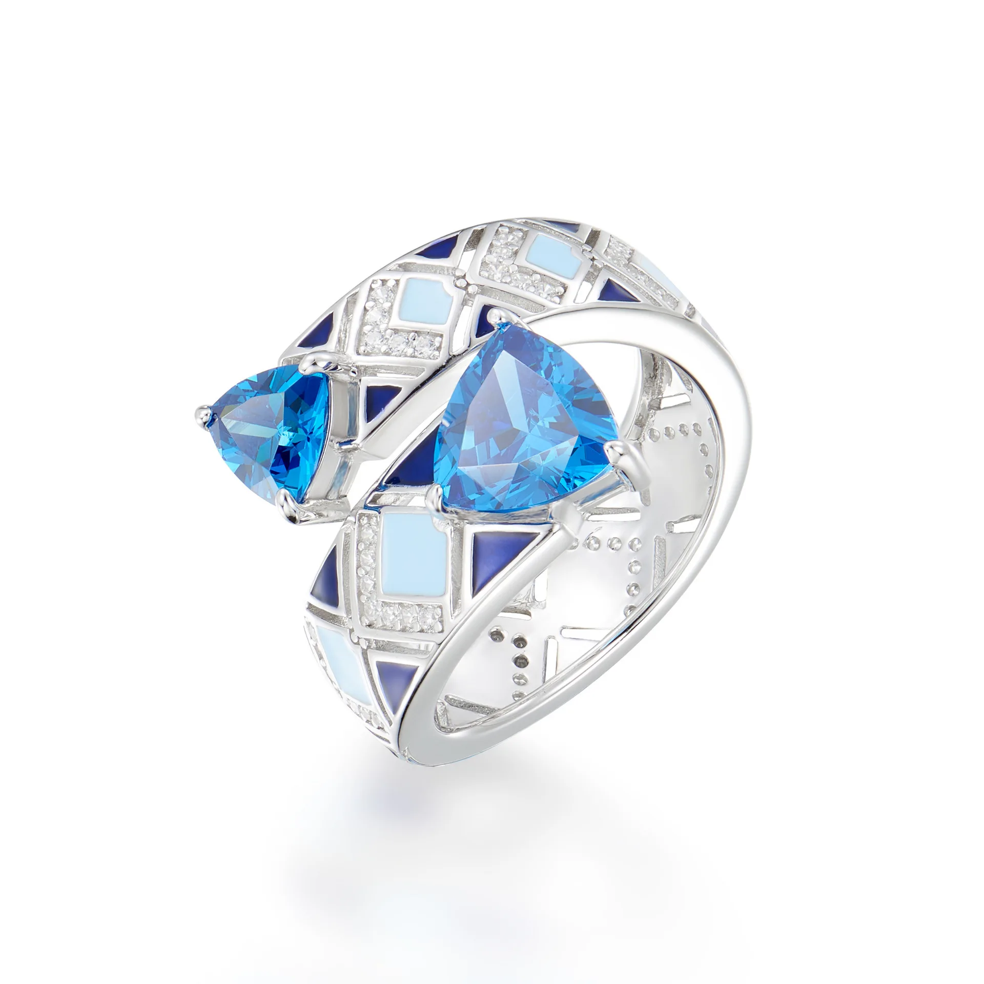 

Vintage Artificial Trillion Sapphire Enamel Ring Art Deco Women's 925 Sterling Silver Statement Fine Jewelry Cocktail Party Gift