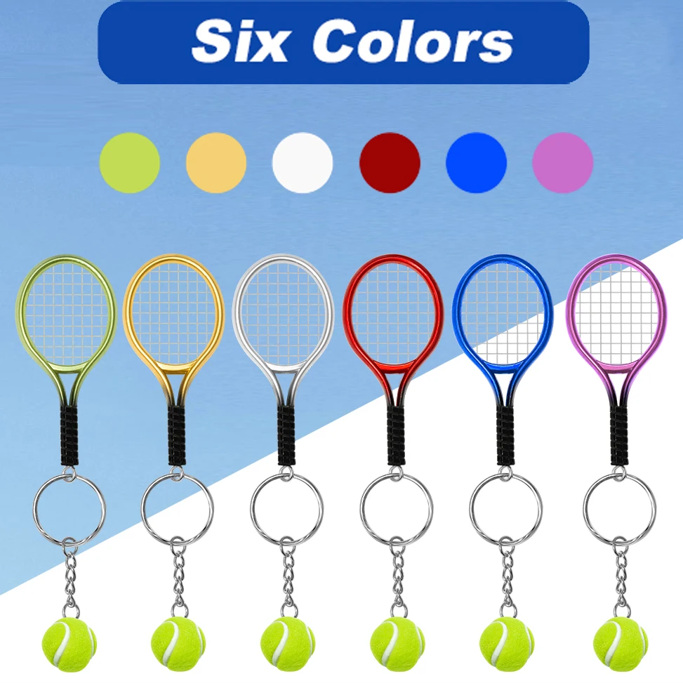 60Pcs Mini Tennis Ball and Racket Model Keychain Metal Novelty Handbag Lover Sport