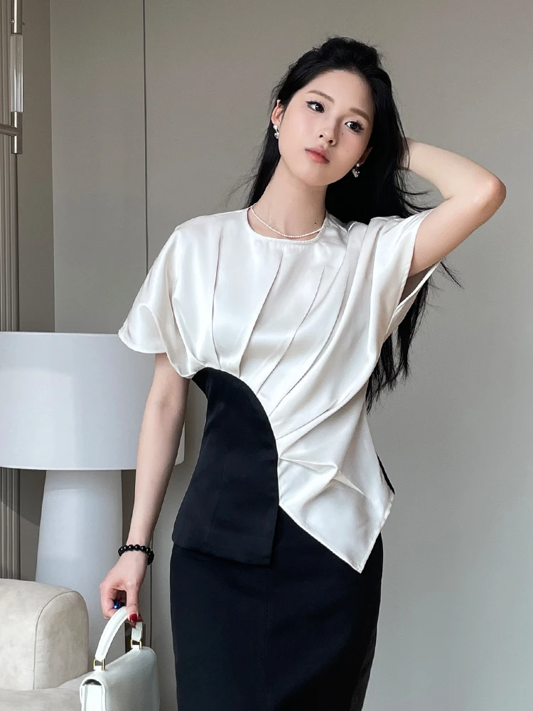 

round Ne ort Sve T-irt Women's Summer Sle Splice High-End Feeling Slim Fit Commute Sle irt