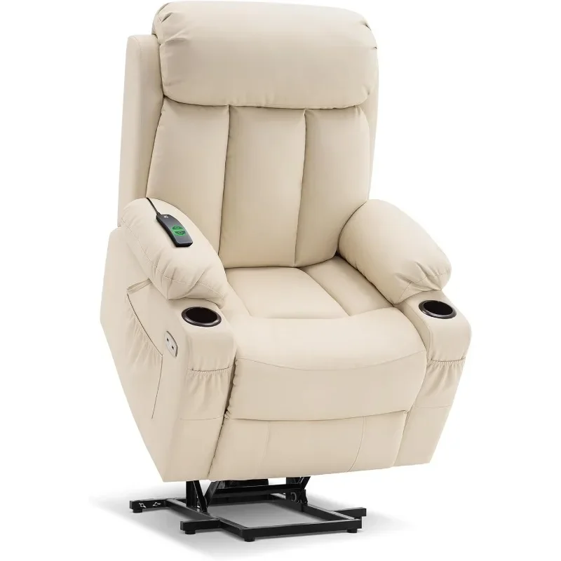 Large Power Lift Recliner Chair with Extended Footrest for Big and Tall Elderly People, USB Ports, (Faux Leather, Cream White)