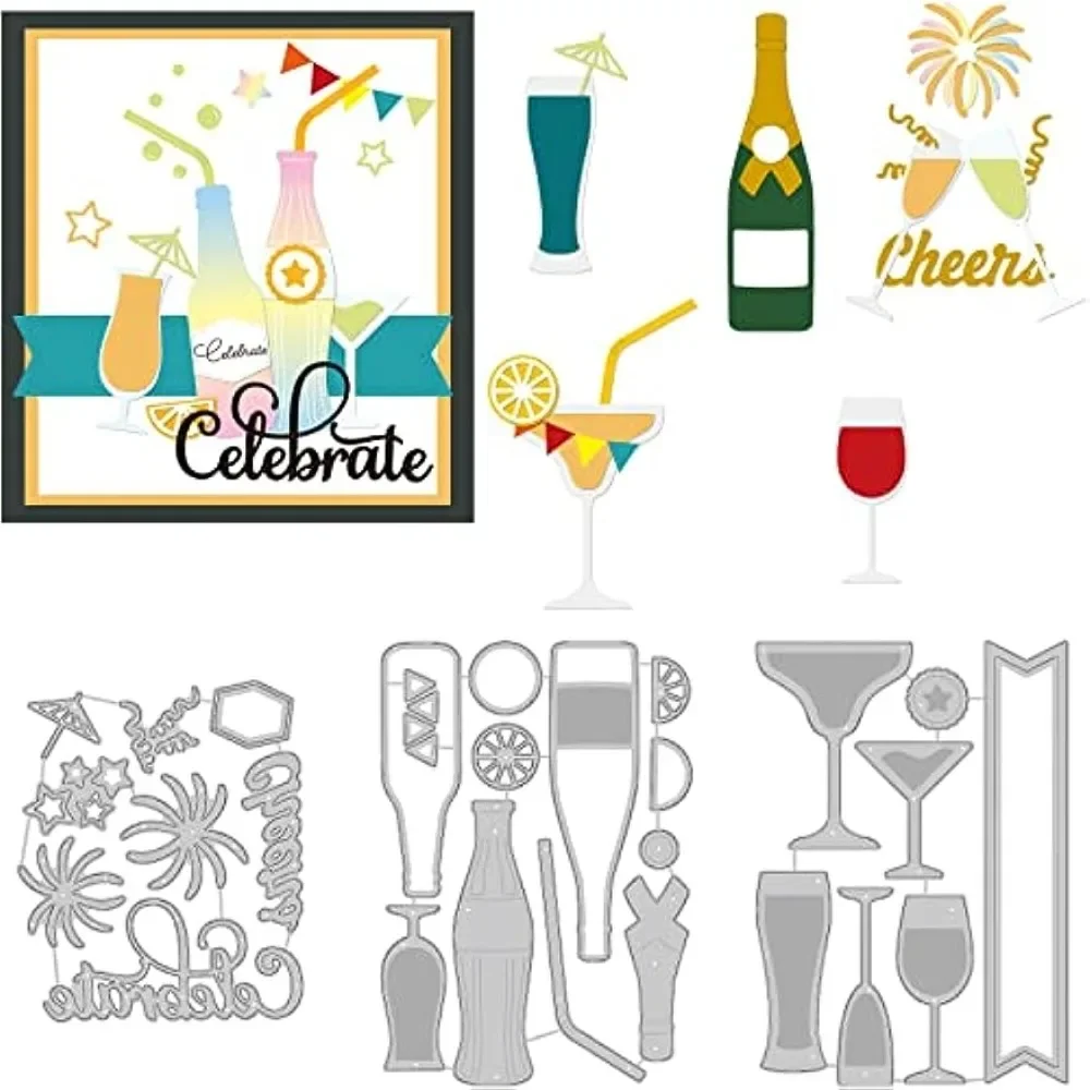 3Pcs Glasses and Bottles Cutting Dies, Celebration Embossing Stencils Template Die Cut Set for Card Scrapbooking and DIY Craft