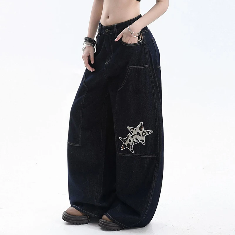 American High Waist Denim Jeans Women Streetwear Leopard Star Embroidery Loose Wide Leg Jeans Autumn Fashion Banana Pants New