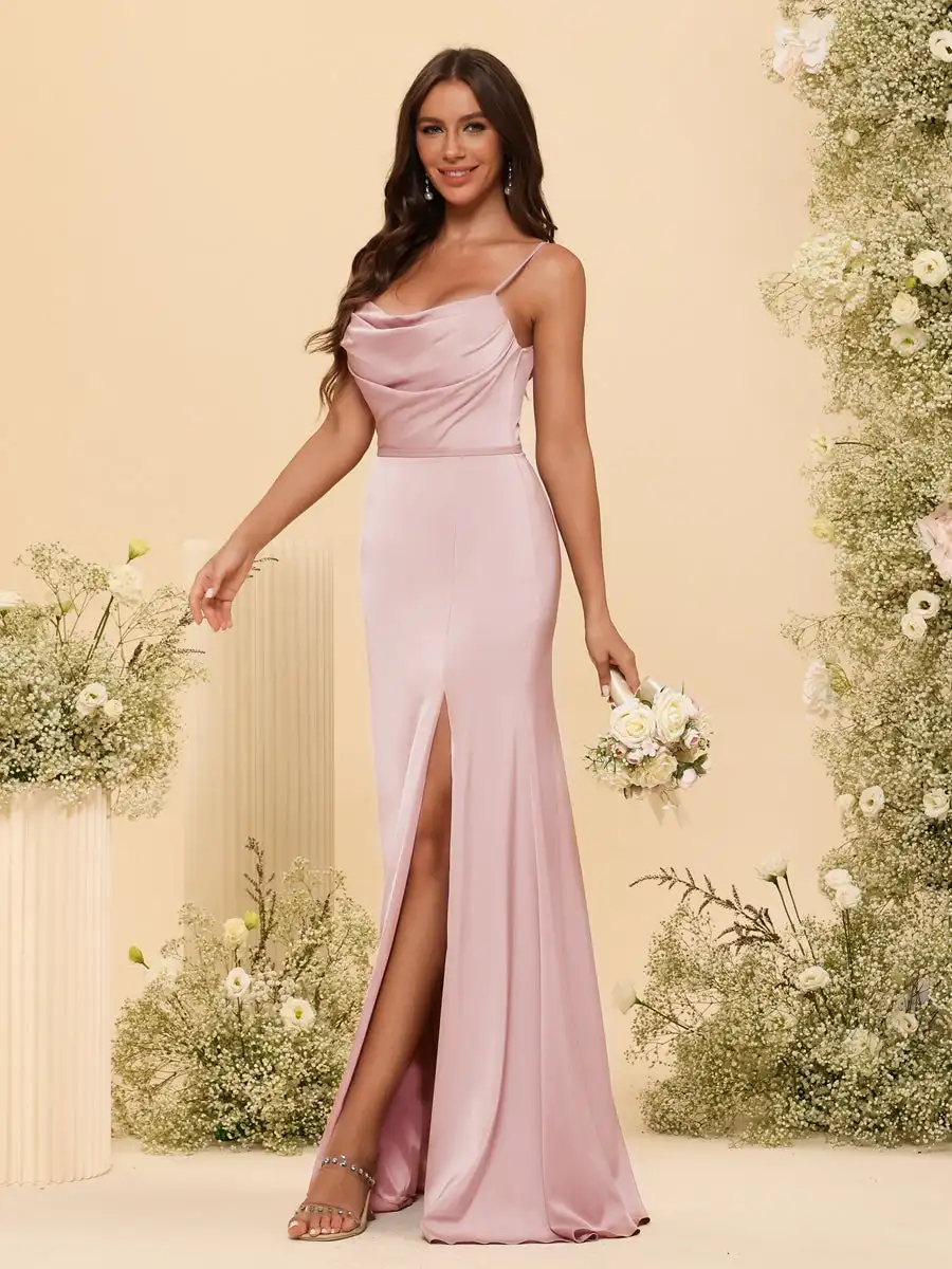 QueensLove Bridesmaid Dress High Split Evening Prom Dress Backless Satin Party Dress A-Line Spaghetti Customized