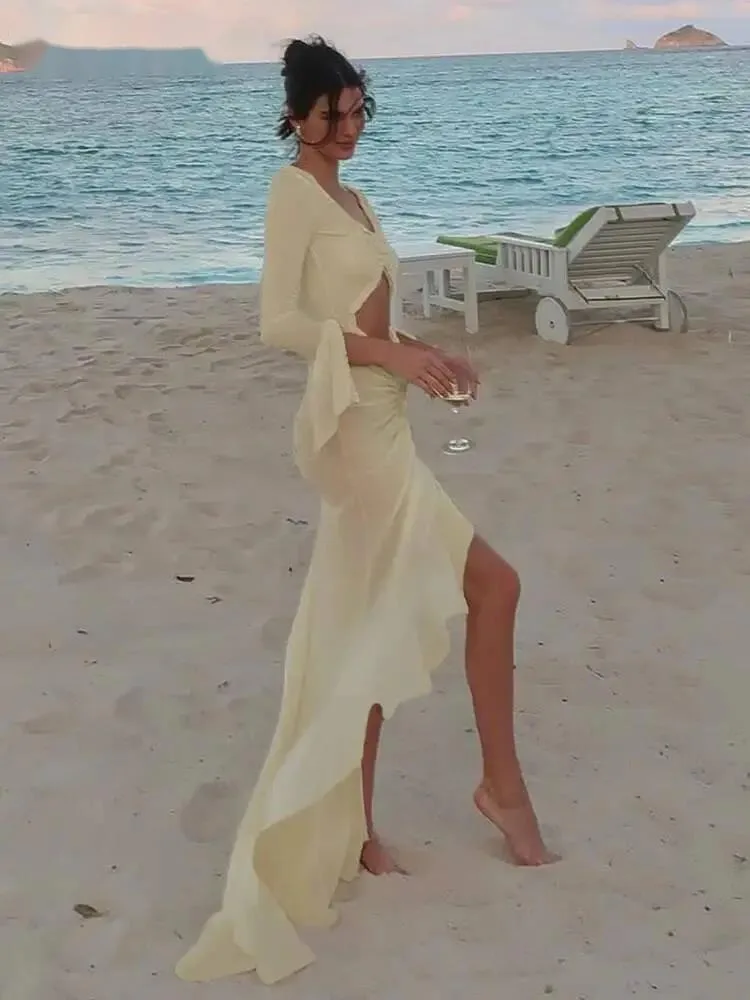 Mesh Concise Kleid Frauen Klassische Urlaub Stil Langarm Cut Out Raffen Asymmetrische Robe Weibliche Elegante Kleidung P855