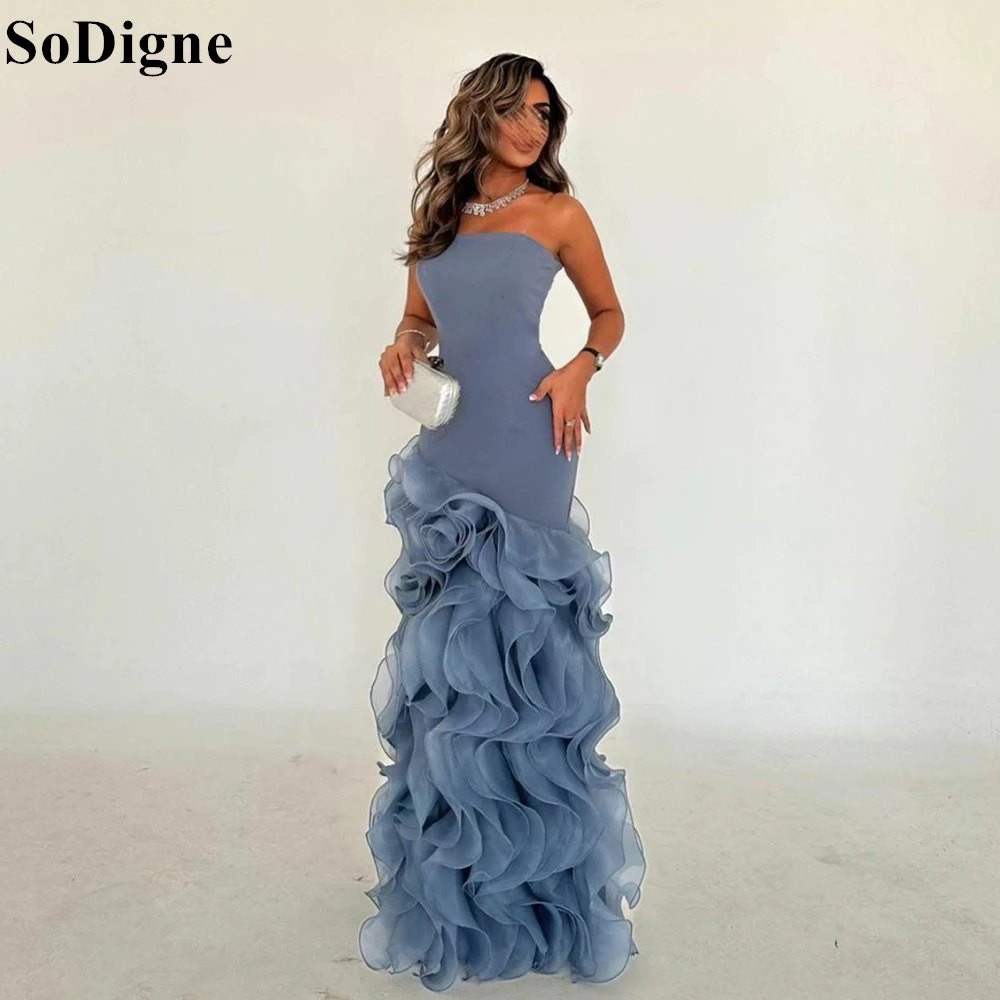 

SoDigne Elegant Blue Evening Dresses Strapless Ruffles Tiered Flowers Mermaid Sleeveless Party Dress Formal Prom Gown Customized