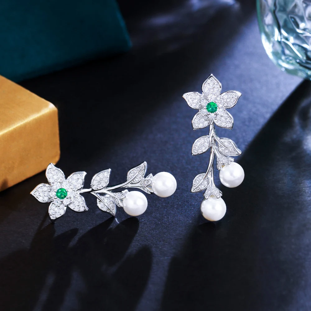 ThreeGraces New Fashion Green CZ Crystal Flower Shape Elegant Simulated Pearl Drop Earrings for Women Bridal Party Jewelry E1450