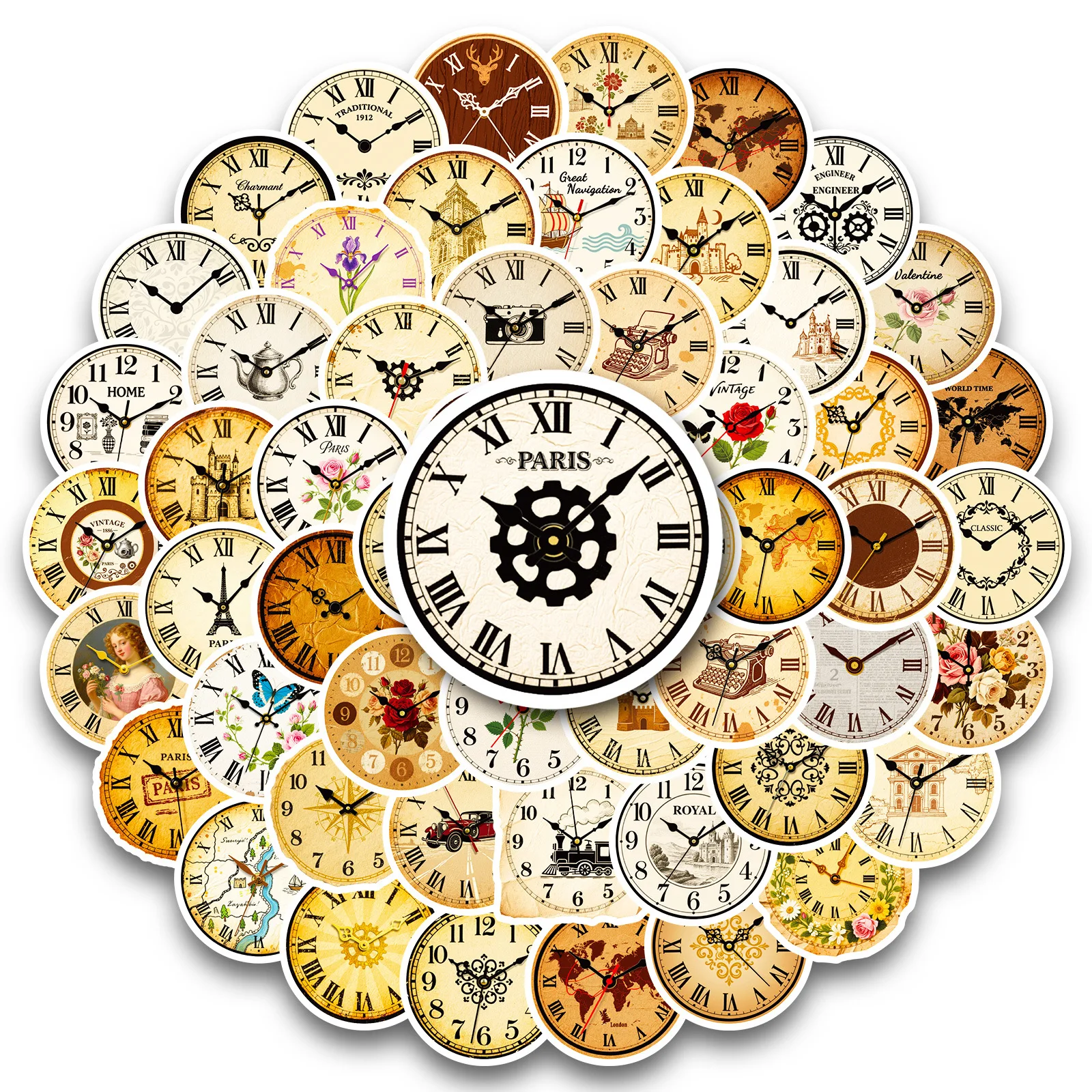 

56PCS New Retro Clock Graffiti Sticker European and American Style Creative Decorative Water Cup Scrapbook Waterproof Decal