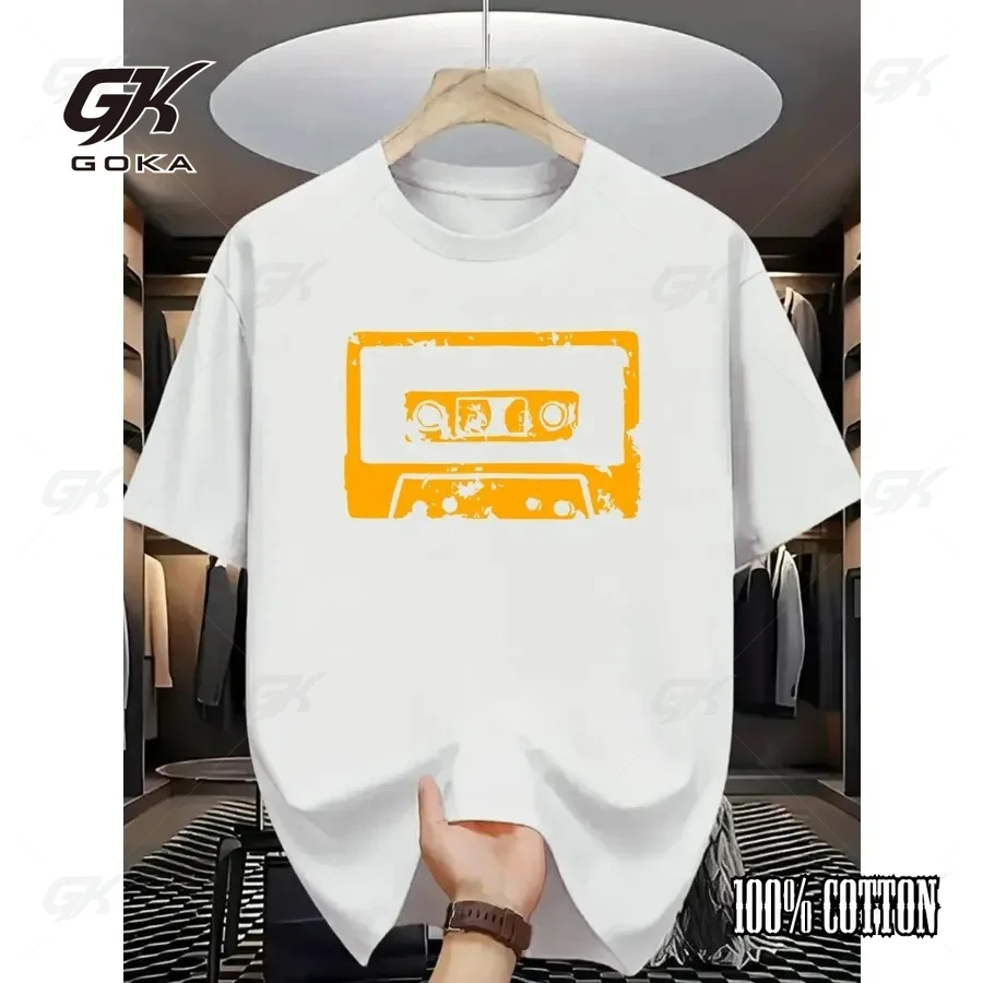 Retro Cassette Tape T-Shirt, Beige Distressed Yellow 80s Music Graphic Tee, Vintage Mixtape Hip Hop Casual Streetwear Tops