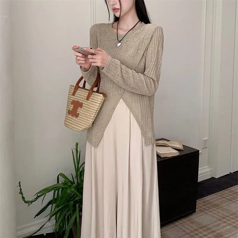 Women's Clothing Stylish Split Irregular Shirt Spliced Long Sleeve Spring Autumn Casual Round Neck Solid Color All-match Blouse