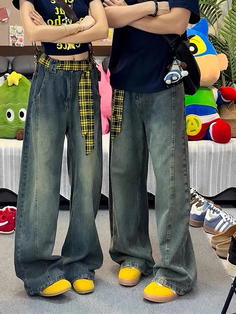 レトロブルーデニムジーンズメンズ秋カジュアルルーズストレートレッグハイウエストスリムワイドレッグパンツストレートカットナイフ