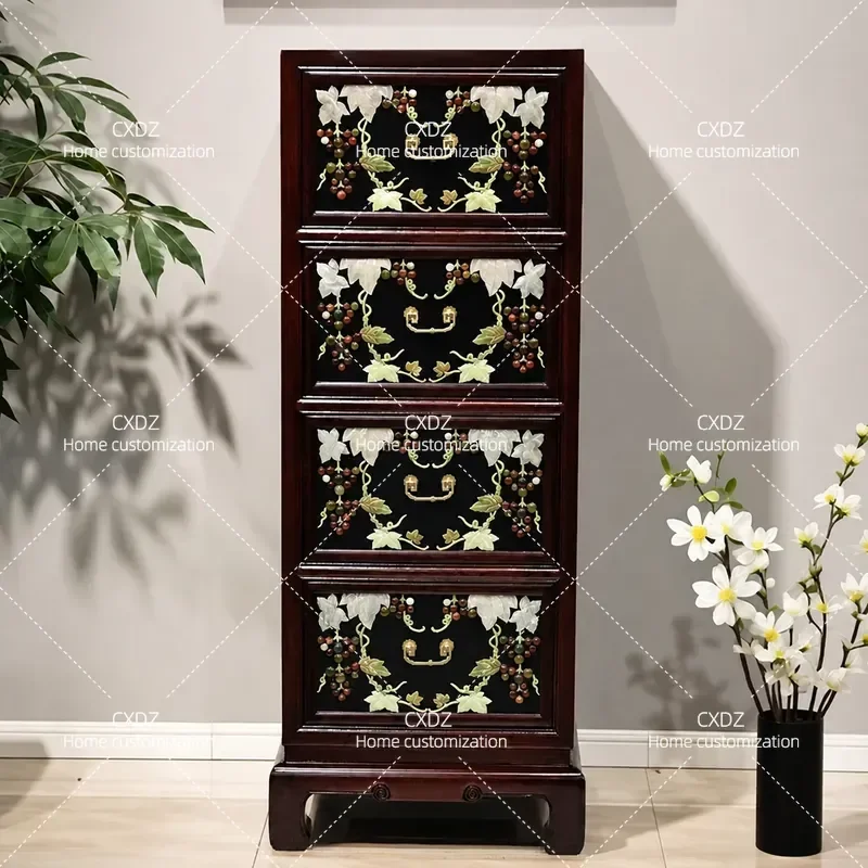 Yangzhou Lacquer Art Elm Wood Inlaid Jade Grape Pattern Four Drawer Cabinet Entryway Storage Locker Intangible Cultural