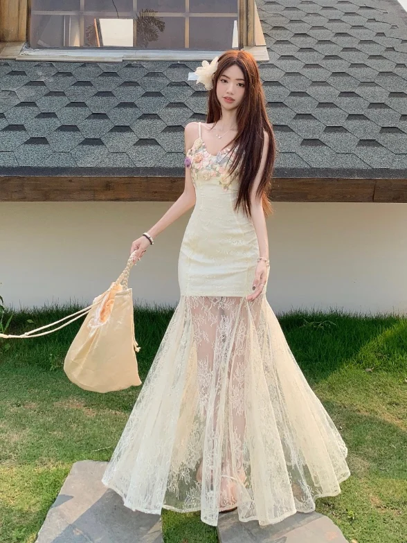 E Vestido Largo sin Tirantes con Escote en V y Bordado de Encaje, Vestido de Verano con Cola de Pez para Vacaciones en...