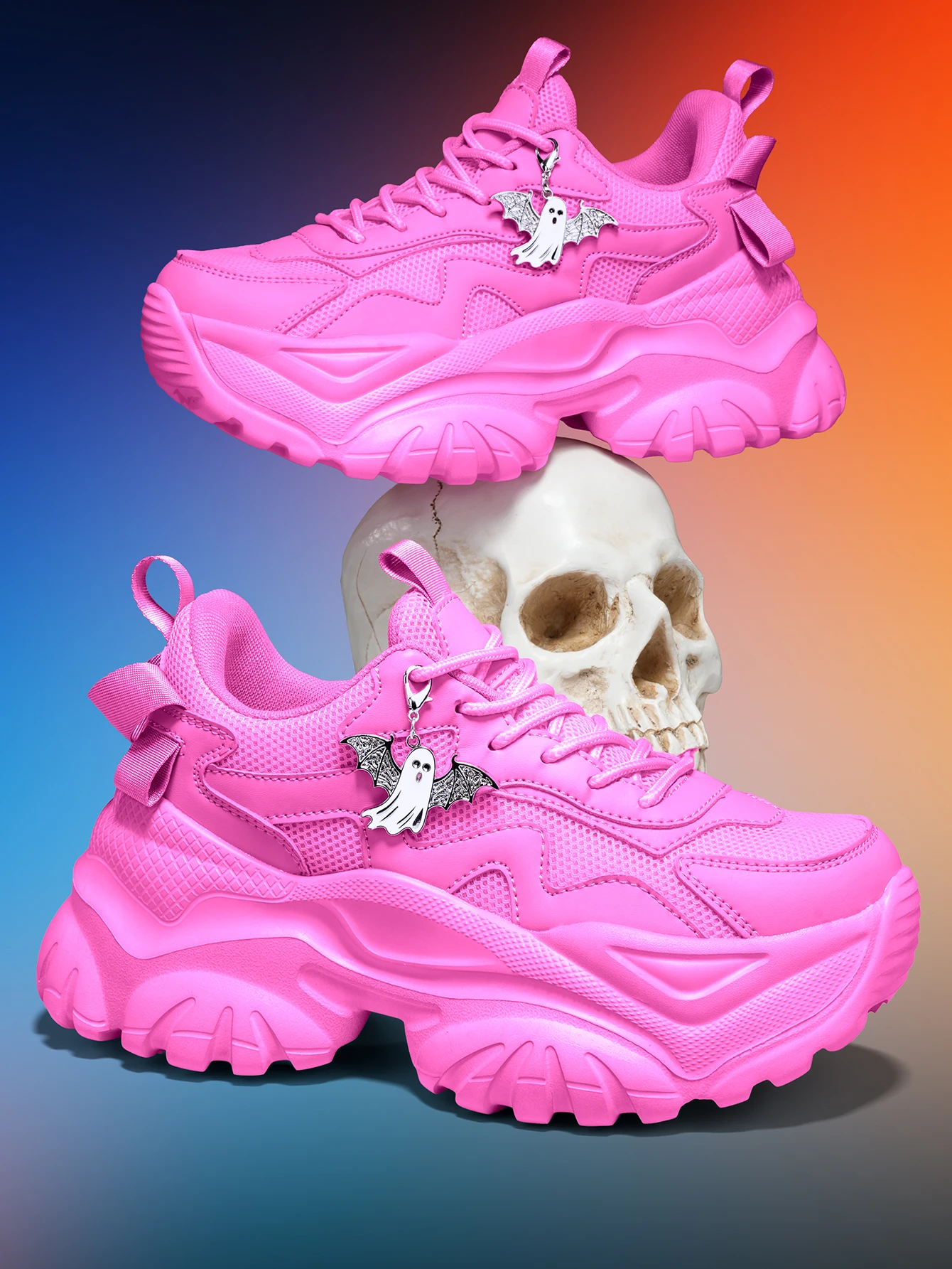 Women's Dark Gothic Style Thick-Soled 7cm Height-Increasing Dad Shoes, Sweet and Cool Y2K High Street Ghost-Themed Fashion, Versatile Black Casual Sneakers, Lightweight Breathable Mesh Fabric Upper, Detachable Silver Ghost Metal Pendant, Eva Non-Slip Wavy Outsole, Suitable for All Seasons, Trendy Shoes for Everyday Wear, Commuting, Parties, and Multiple Occasions - view 3