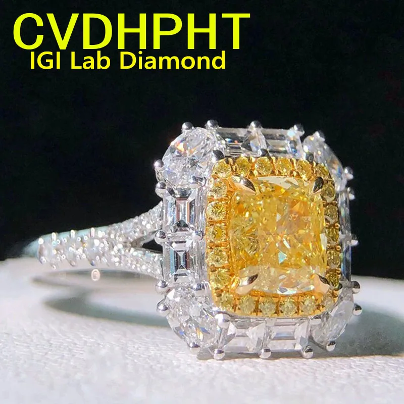 Real Au750 18k Gold Ring Lab Grown Yellow diamond 2 Ct Cushion Cut  Ring  Wedding &Engagement Rings